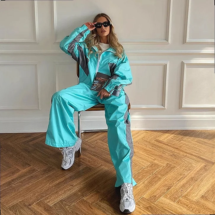 Women Casual Matching Set Loose Color Block Zip Up Hoodie Top Pants Sportswear Sets