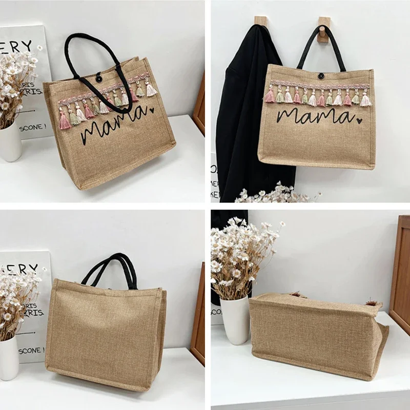 Women Large Capacity Tote Bag Shopping Shoulder Bag Mama Letter Printing Casual Fashion Linen Handbag Mother’s Day Gifts for Mom