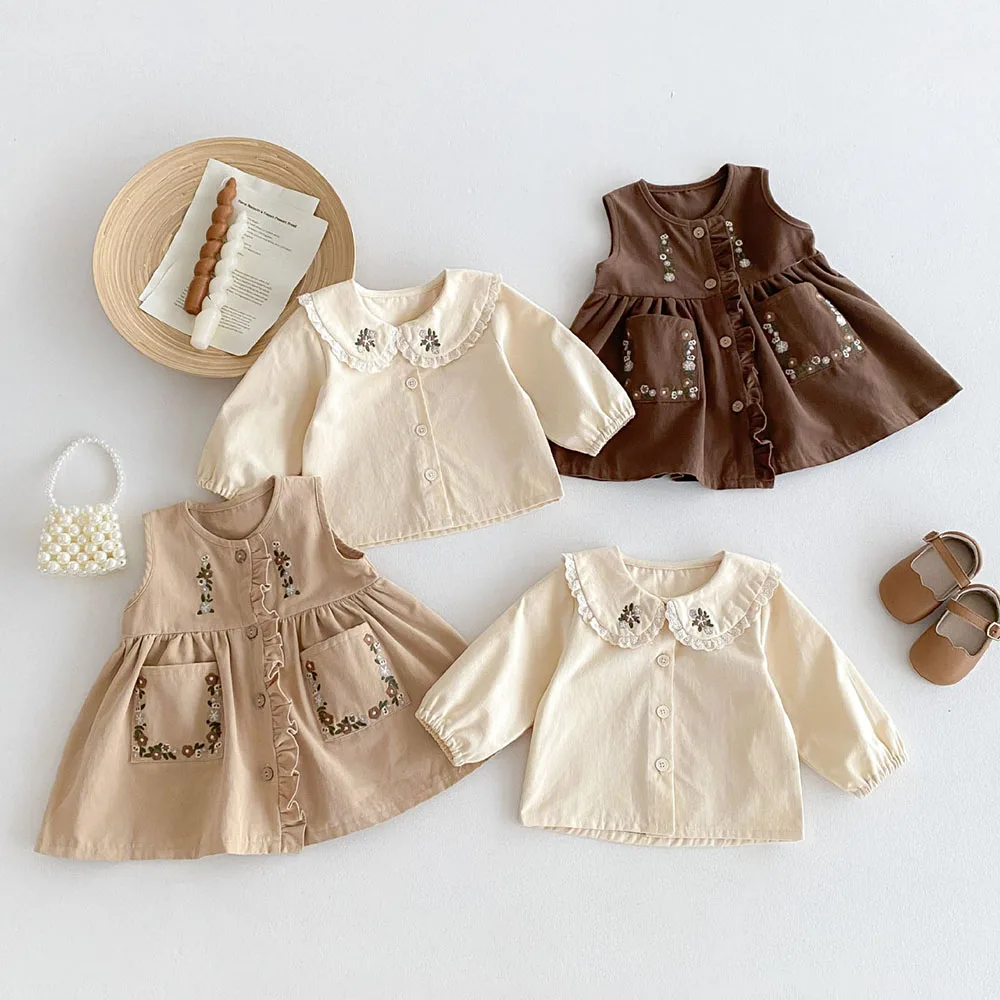 2024 New Autumn Kids Dress Set Children Cute Embroidered Flowers Sundress Girls Beige Lace Floral Shirt