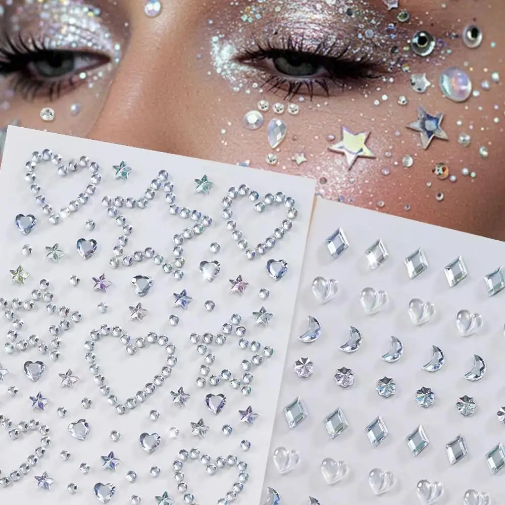 1 Sheet 3D Stereo Face Makeup Sticker Eyes Rhinestone Gem Tattoo Sticker Clear Colorful Star Moon Heart Face Diamond Stickers