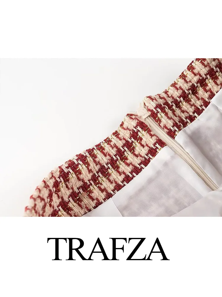 Trafza-女性用千鳥格子ミニスカートスーツ、長袖、Oネック、シングルブレストコート、ハイウエスト、aライン、バックジッパー、秋