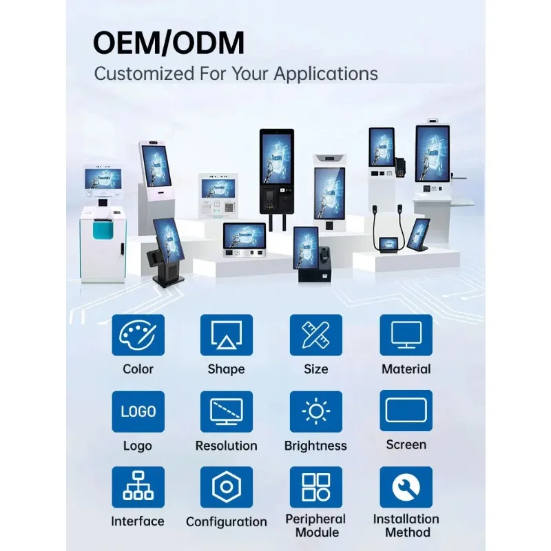 Quiosco touch di alta qualità interamente in metallo da pavimento 20 21 Schermo ad alta luminosità per interni/esterni da 22 pollici Stampante/scanner/scheda OEM