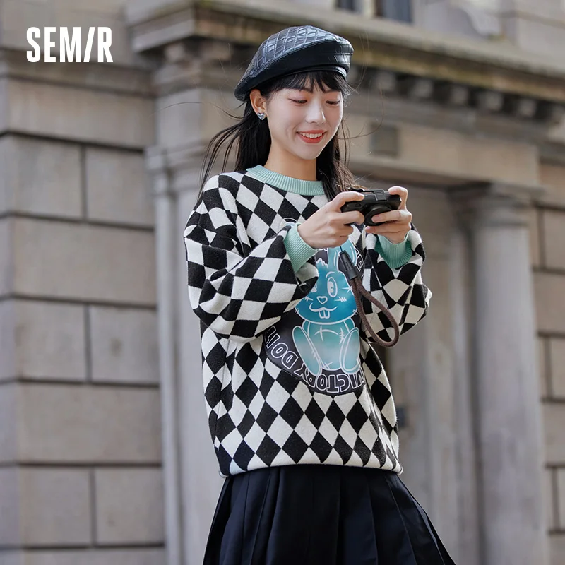 Semir Knit Sweater Women Checkered Rabbit Contrast Color Loose 2024 New Autumn Design Sense Cute Round Neck Sweater