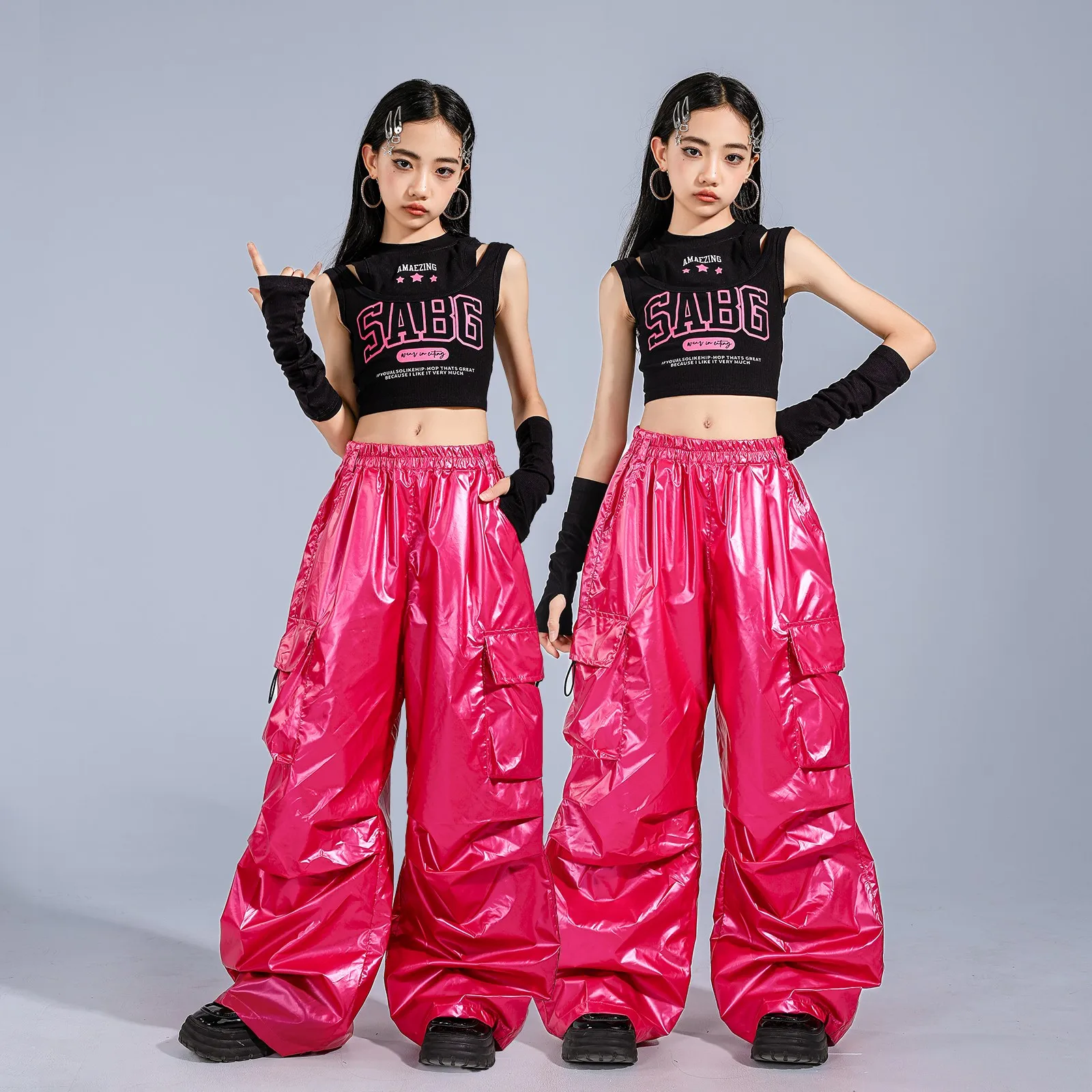 

Костюм в стиле хип-хоп для девочек, одежда для джазовых танцев, топы с пупком, розовые брюки-карго, летняя уличная одежда, одежда для выступлений на сцене Kpop, BL16777