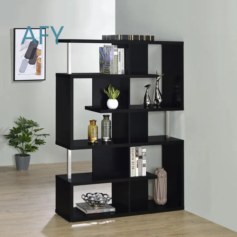 5 Layer Geometric Open Bookshelf for Home Office Living Room Wooden Steel Structure Modern Minimalist Shelf Storage Unit for