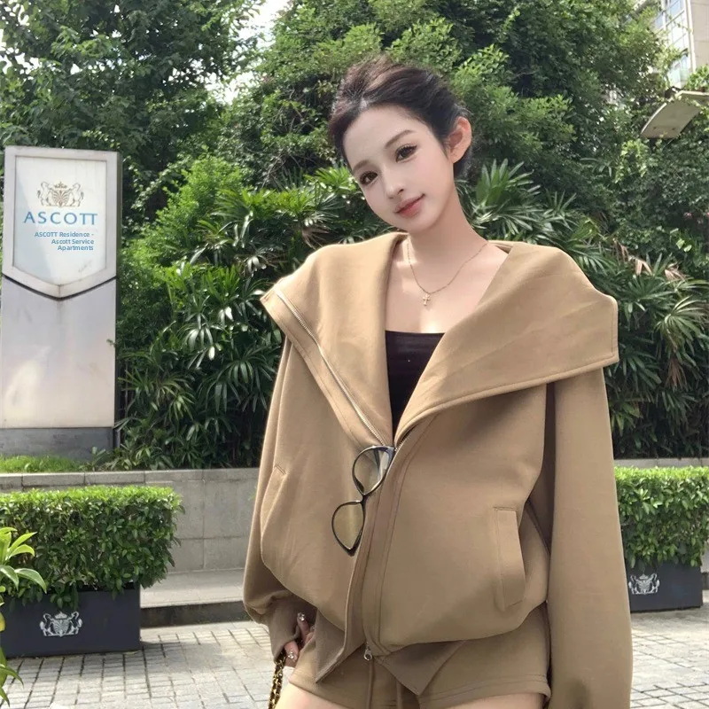 Korean Style Casual Loose Hoodie Cardigan Outerwear Drawstring Shorts Autumn New Fashion Set Women's Long Sleeve Commute Style