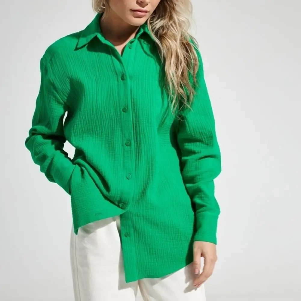 قميص نسائي أبيض سادة ، سيدة غير رسمية للمكتب ، مطوية للأسفل ، أكمام طويلة ، تونك ، توبات فضفاضة ، الربيع ، الخريف ،!