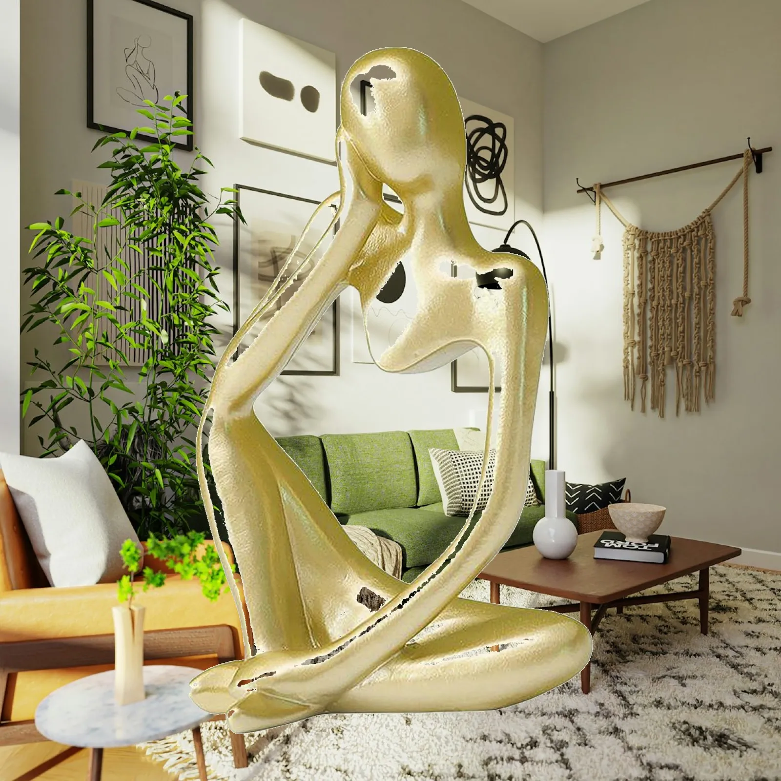 Thinker Sculpture Figure Home Statues Modern Bookshelf Decor
