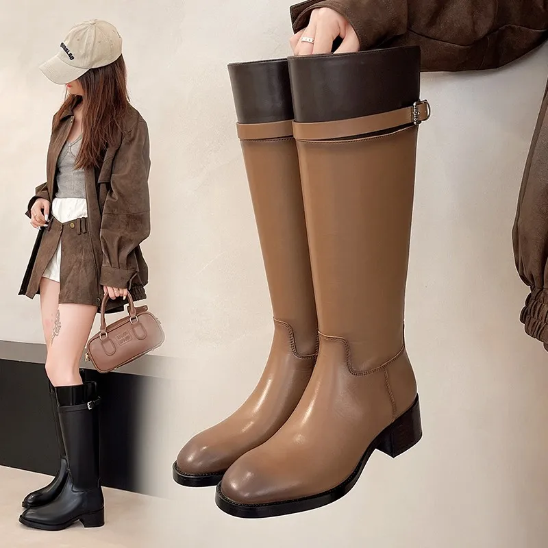 

2025 New High Boots Women's Autumn and Winter High-end Season New Skinny Boots Square Heel Long Barrel Boots