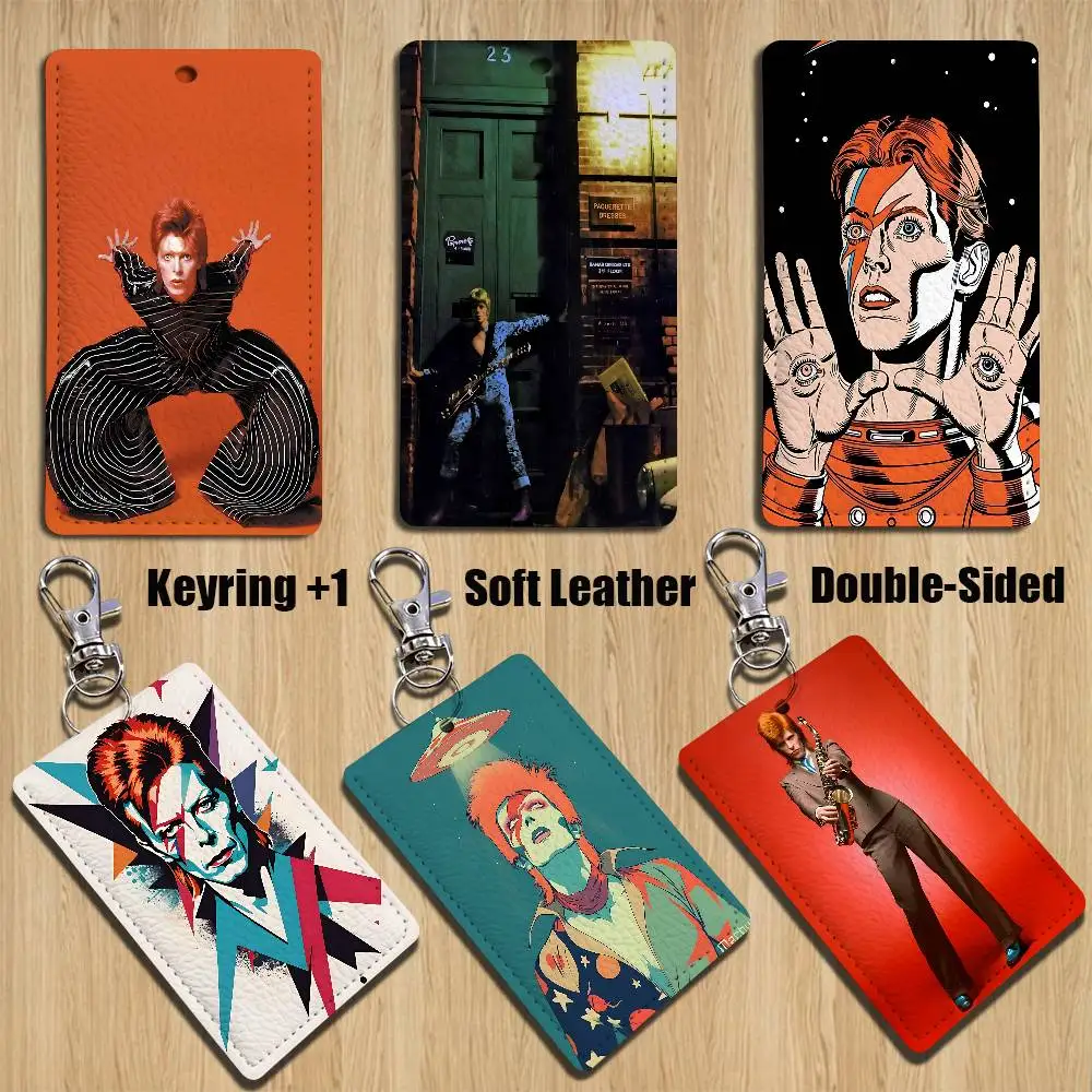 

personality D-David Bowies Rectangle ID Card Case Keychain Access Card Bag Key Tag Ring Leather Card Holder Key Ring Access
