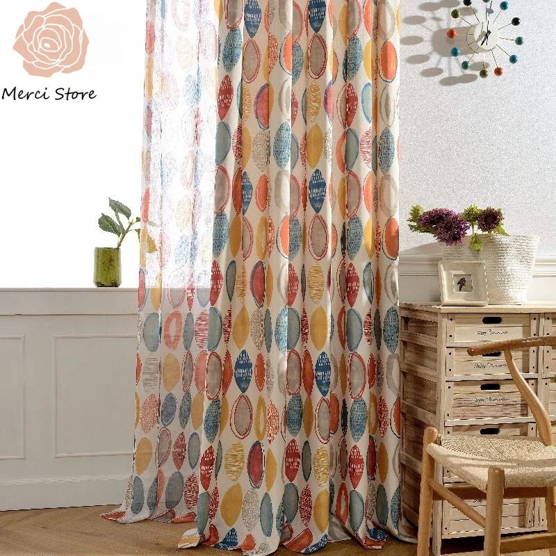 

Simple Style Nordic Colored Circle Linen Curtains for Bedroom Living Room Semi Blackout Balcony Floor To Ceiling Window Drapes