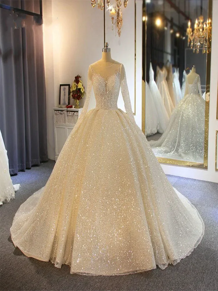 Customized Ballgown Spark Beads Wedding Dresses Sheer Jewel Neck Sequins Long Sleeves Corset Back Plus Size Bridal Gowns