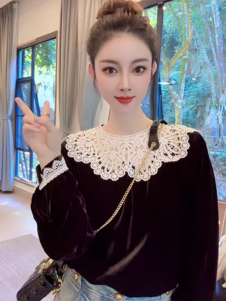 Ele encaje Patchwork terciopelo irt mujer Faion adelgazante Bla Top lujo Sle largo Sve suelta Fit niñas irt