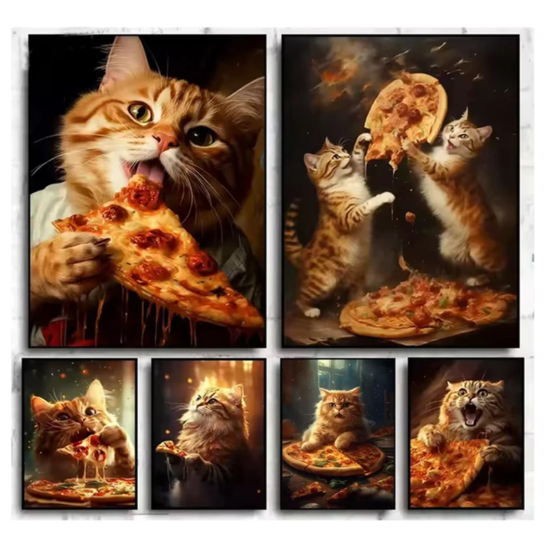 Divertido gato comiendo Pizza 5D Diy pintura de diamante cuadrado completo arte de diamante redondo lindo mascota gatito Pizza diamantes de imitación decoración del hogar