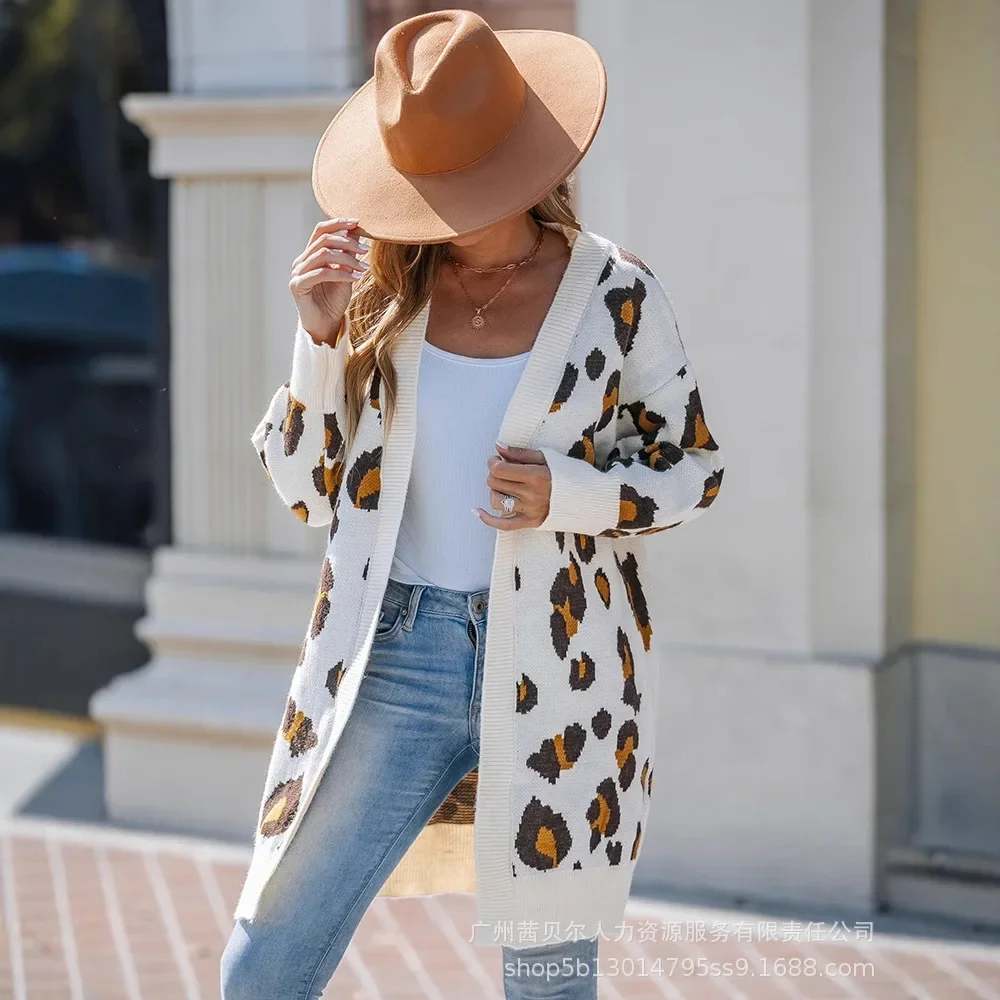 Leopard Cardigan Women Maxi Print Mid Length Coats Knitted Sweaters Jumpers Single Breasted Full Sleeve Coat Autumn Open Stitch