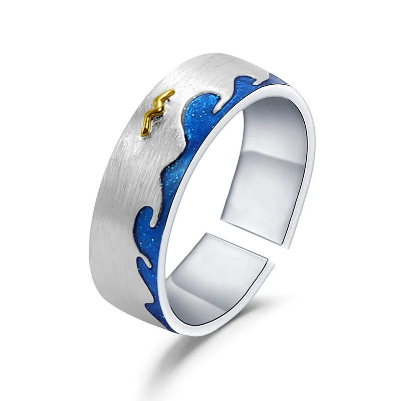 

Designer's Adjustable Couple Rings Nature-Inspired Wave 925 Sterling Silver Inlaid Gemstone Enamel Ring Jewelry for Men Women