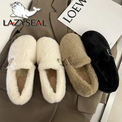 LazySeal ciepłe miękkie futrzane mokasyny buty na płaskim obcasie dla kobiet Slip On projekt klamry moda okrągłe Toe kobiety mieszkania chaussure femme