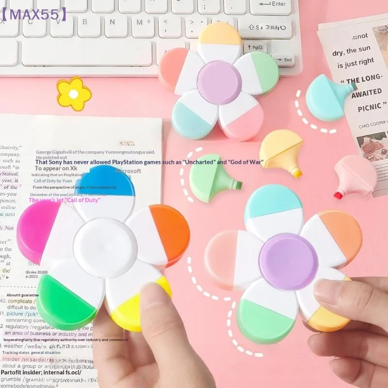 【MAX-55】 1 Stück Blumenförmige Aquarellfarben 5-in-1 fluoreszierende Stifte Fingerspitzen-Spiral-Textmarker für Schulbedarf