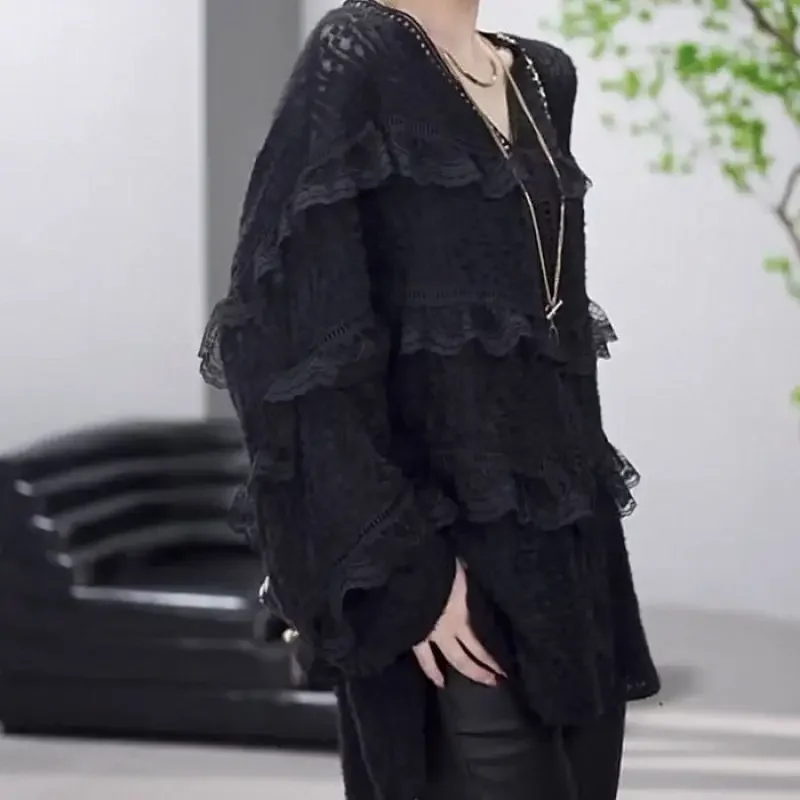 2024 New Spring and Autumn Commuter Fashionable Lace Hollow V-neck Loose Versatile Oversize Women's Long Solid Color Shirt B206