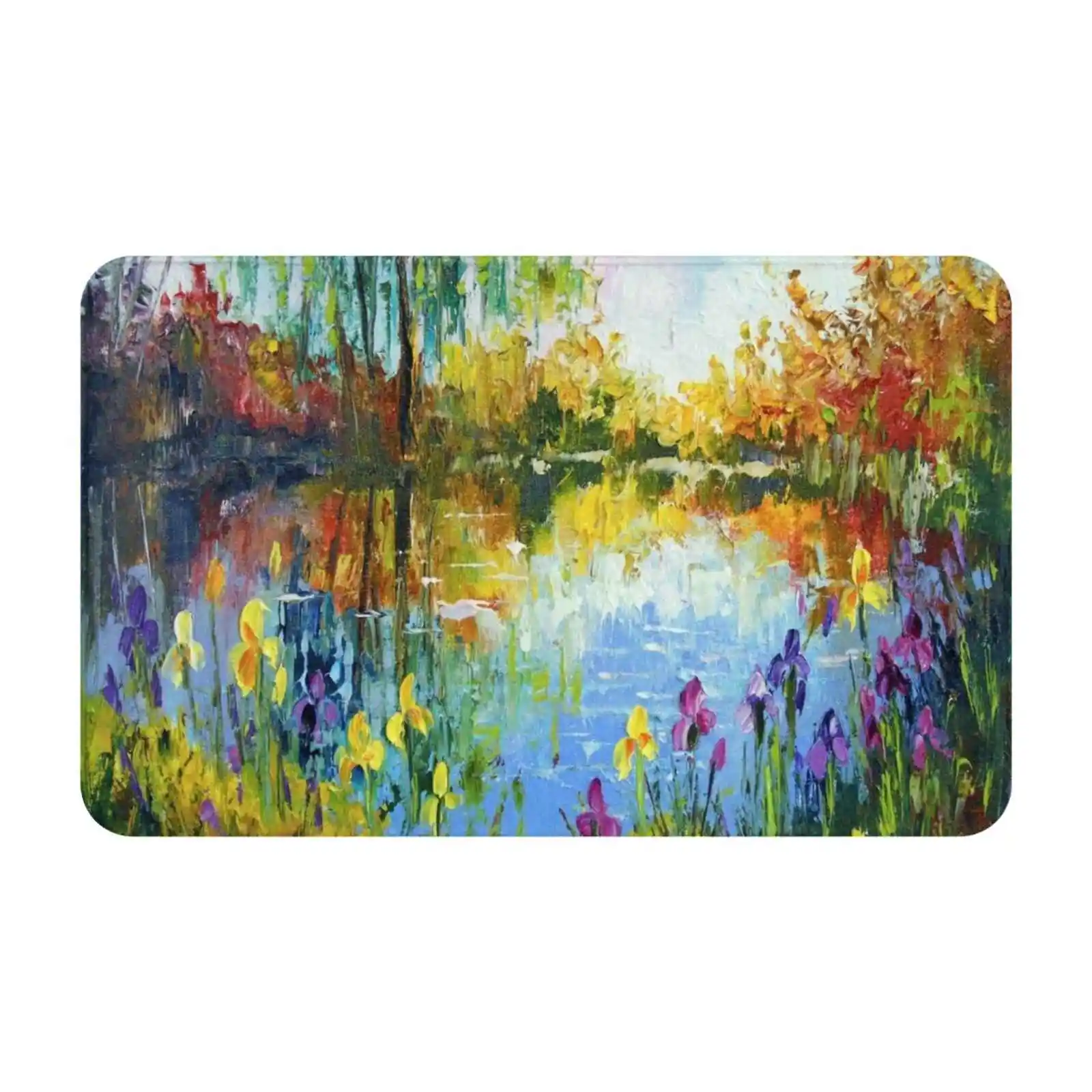 Irises By The Pond Comfortable Door Mat Rug Carpet Foot Pad Landscape Art Tree Art Love Art Sun Painting For Interior Trees Art