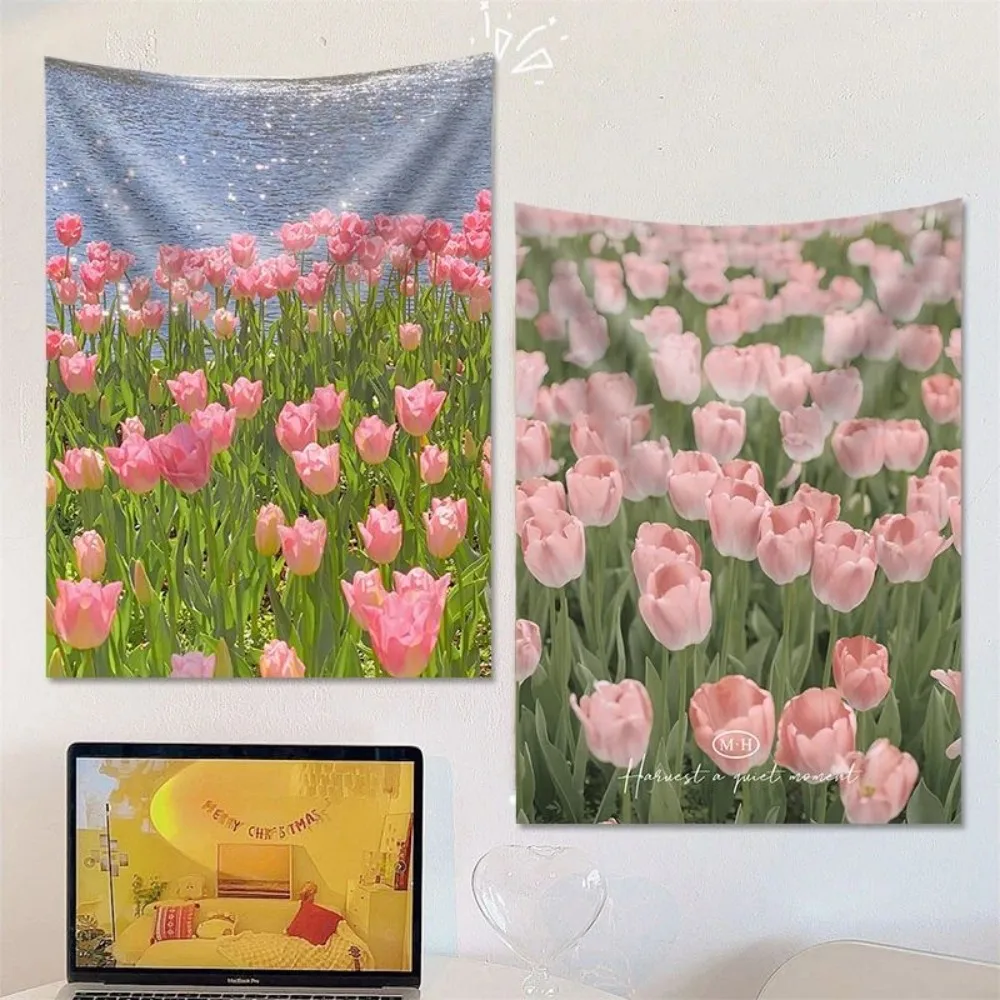 VIKAMA Wandteppich mit romantischem Tulpen-Blumendruck, Wandbehang für Wohnzimmer und Schlafzimmer, Kinderzimmer, Spielzimmer, Wohnheim-Dekoration