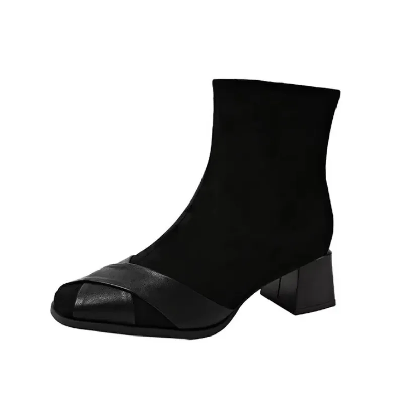 Autumn/Winter 2024 New French Thick Heel Matching Color Square Head All Matching High Heel Side Zipper Slimming Elastic Boots