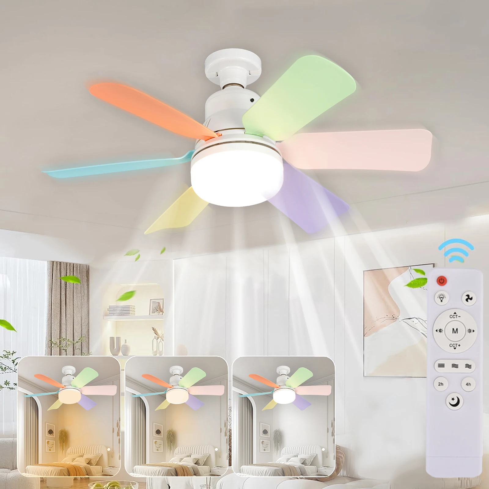 LED 30W Ceiling Fan Lights with 3 Wind Speeds 2 In 1 Square Leaf Fan Light 260V Detachable Fan Blades Lamp for Bedroom Kitchen