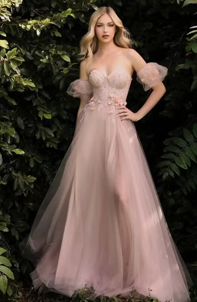 

Pink Tulle Sweetheart 3D Flower A Line Prom Dresses Sexy Off The Shoulder Slit Evening Party Gowns Graduation Dress Customized