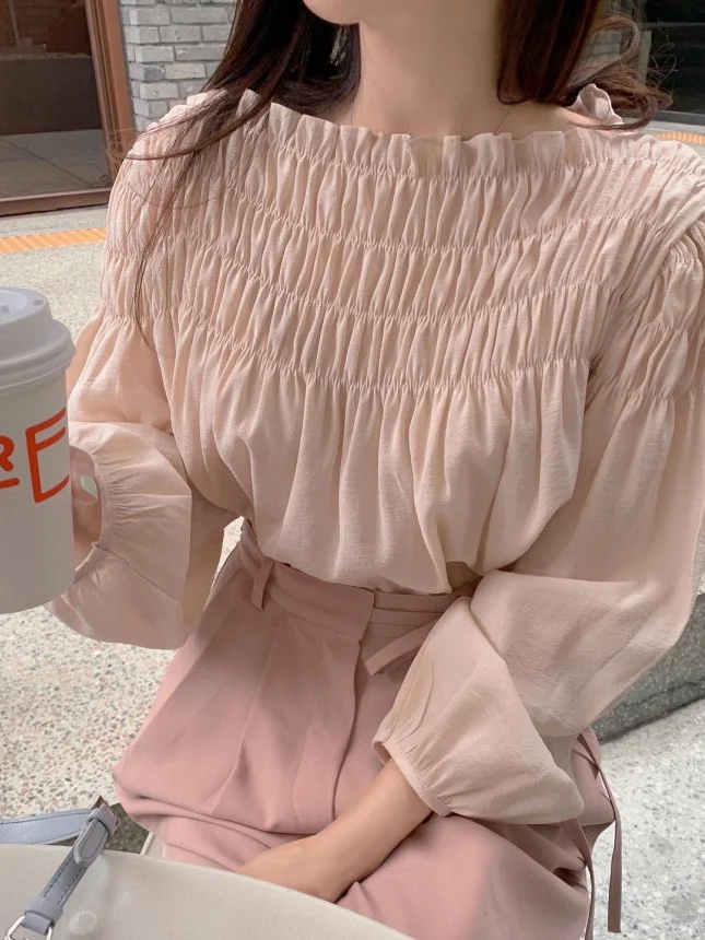 

Женская свободная блузка Dongda Gate Super Fairy Pink с одним рукавом, плиссированная, с рукавами-фонариками, в стиле французского шика, свободного кроя.