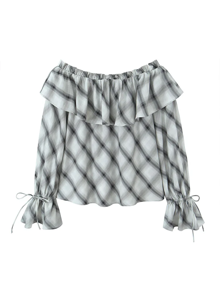 

Женская блузка HH 2026: Весенняя модная винтажная свободная блузка в клетку с одним воротником, элегантная повседневная рубашка с бантом и длинными рукавами, приталенная