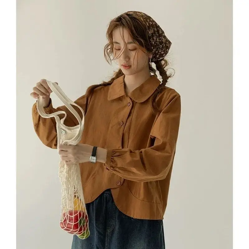 Vintage Brushed Loose Fitting Shirt with Inner Doll Sweet and Age Reducing Shirt Spring Top New Women\'s Collar Japanese Style