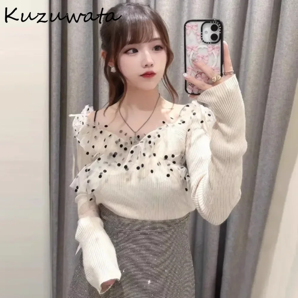 

Kuzuwata Preppy Office Lady Slash Neck Polka Dot Pullover Knit Voile Patchwork Lace Up Ruffles Knitted Japan Fresh All-match Top