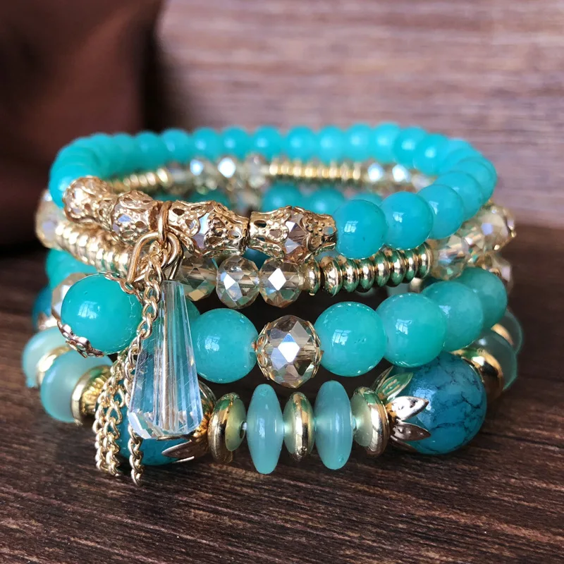 Bohemian Multicolor Crystal Beads Bracelets for Women Girls Boho Ethnic Tassel  Elastic Rope Handmde Wrap Bracelet Pulseira Femi