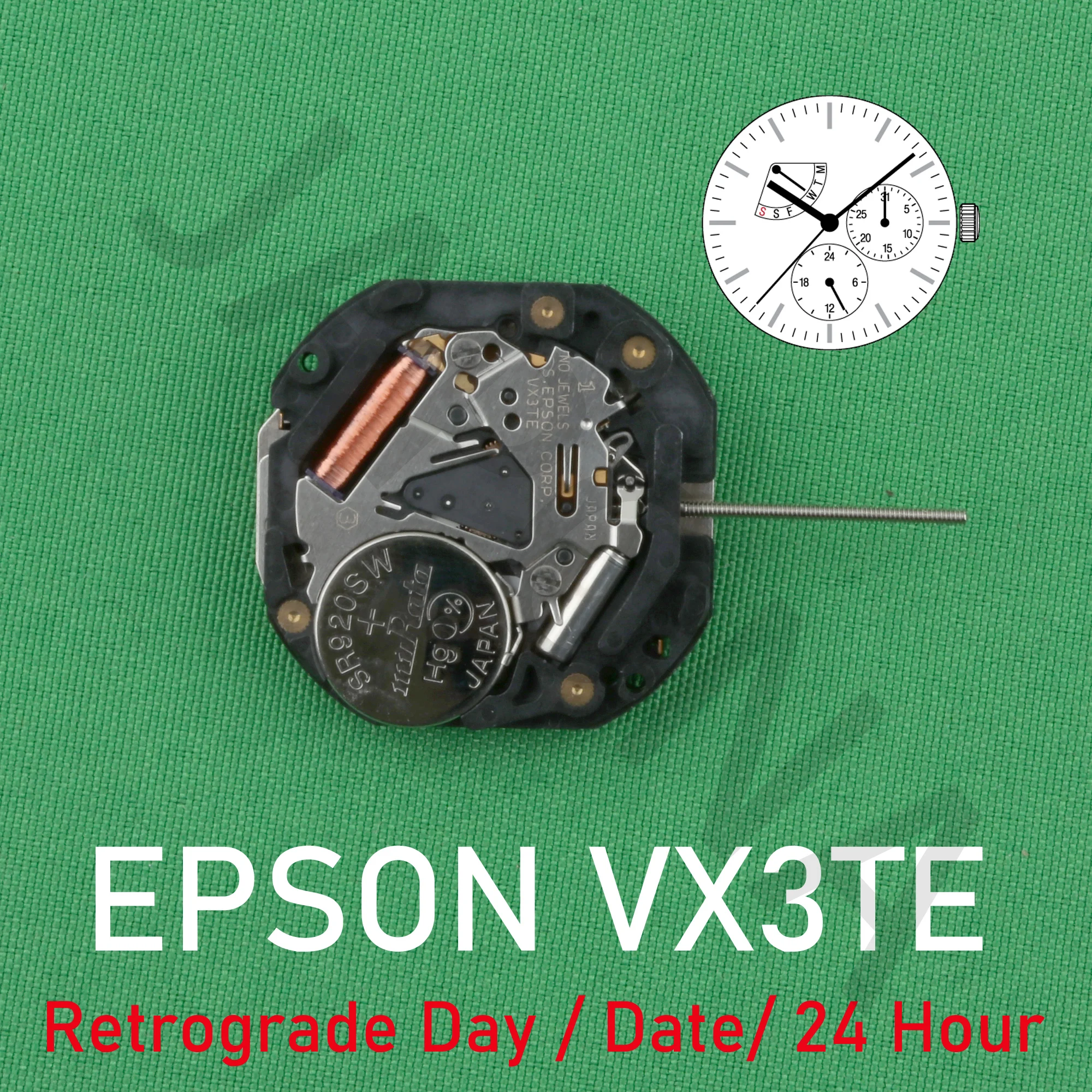VX3T movement epson VX3TE movement Analog Quartz 10 1/2''' Slim Movement / 3 hands (H/M/S)  with Retrograde Day / Date / 24 Hour