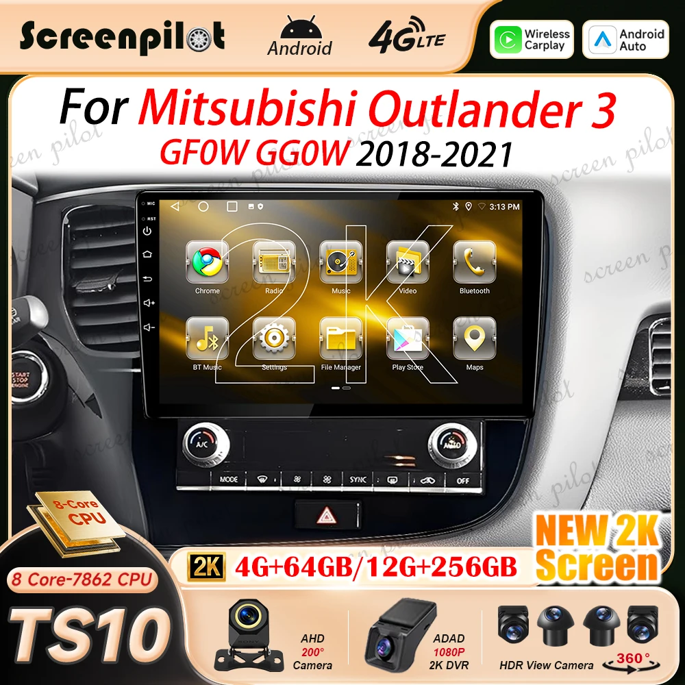 Android 16 Car Radio Stereo For Mitsubishi Outlander 3 GF0W GG0W 2018-2021 2K QLED Multimidia Player GPS Carplay Android Auto 5G