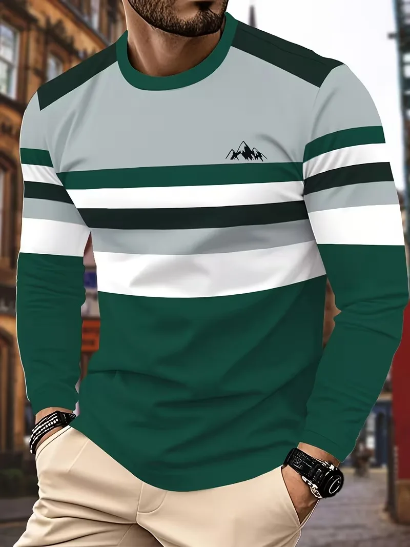 Men's Trendy Cool Rainbow Stripes Printed Long Sleeved T-Shirt Spring Autumn Comfortable Daily Casual Street Loose Men Clothing