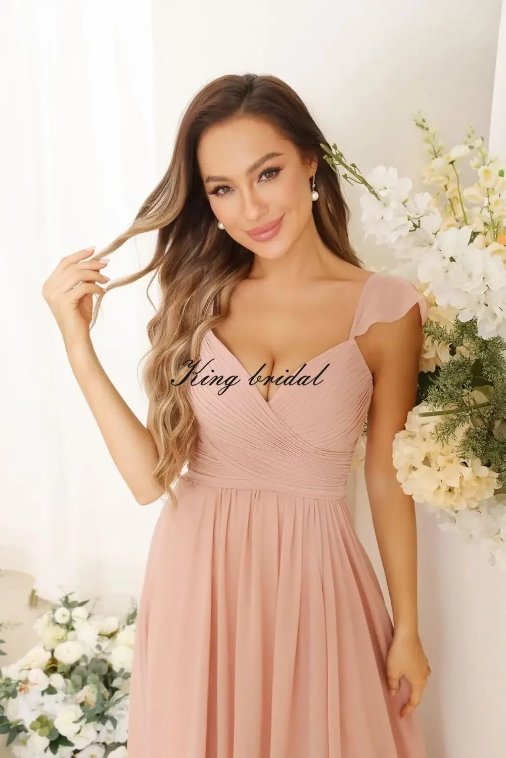 งานแต่งงาน Gowns ผู้หญิงแขนหมวกชีฟองชุดเพื่อนเจ้าสาวยาวกระเป๋า Ruffle ชุดราตรีอย่างเป็นทางการพร้อม Slit