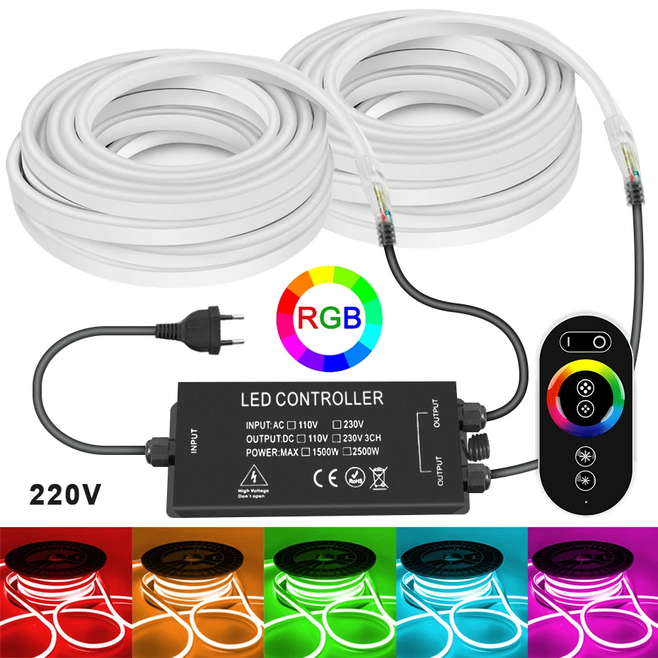 RGB LED Neon Strip 220V IP67 5050SMD Flexible Ribbon Tape 1-100m IR/RF Touch Remote Control 2500W EU Plug For Home DIY Lighting