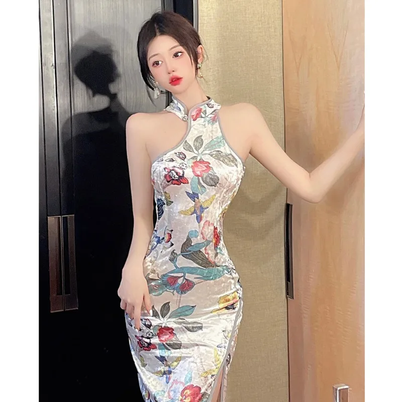 

Women Elegant Velvet Chinese Style Retro Print Cheongsams Split Qipao French Party Dress Sexy Bodycon Dresses Vintage Vestidos