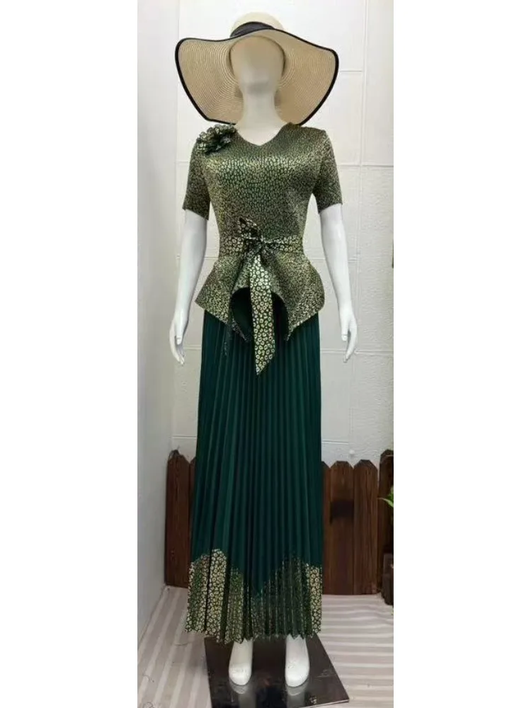 Miyake Niche Gold Foil Printed Design Pleated Women's High Waist 2 Pieces Sets 2025 New Short Sleeve Top + A-line Long Skirt