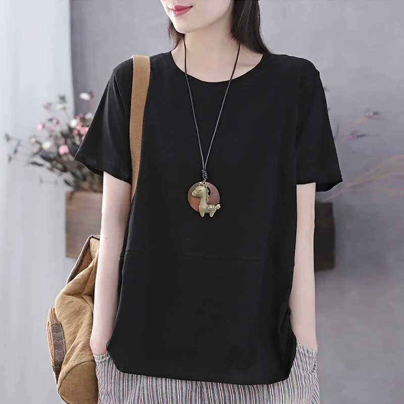 Summer New 2023 Korean Large Women\'s Clothing Short Sleeve Round Neck Tee T-shirt Loose Versatile Solid Color Vintage Tops