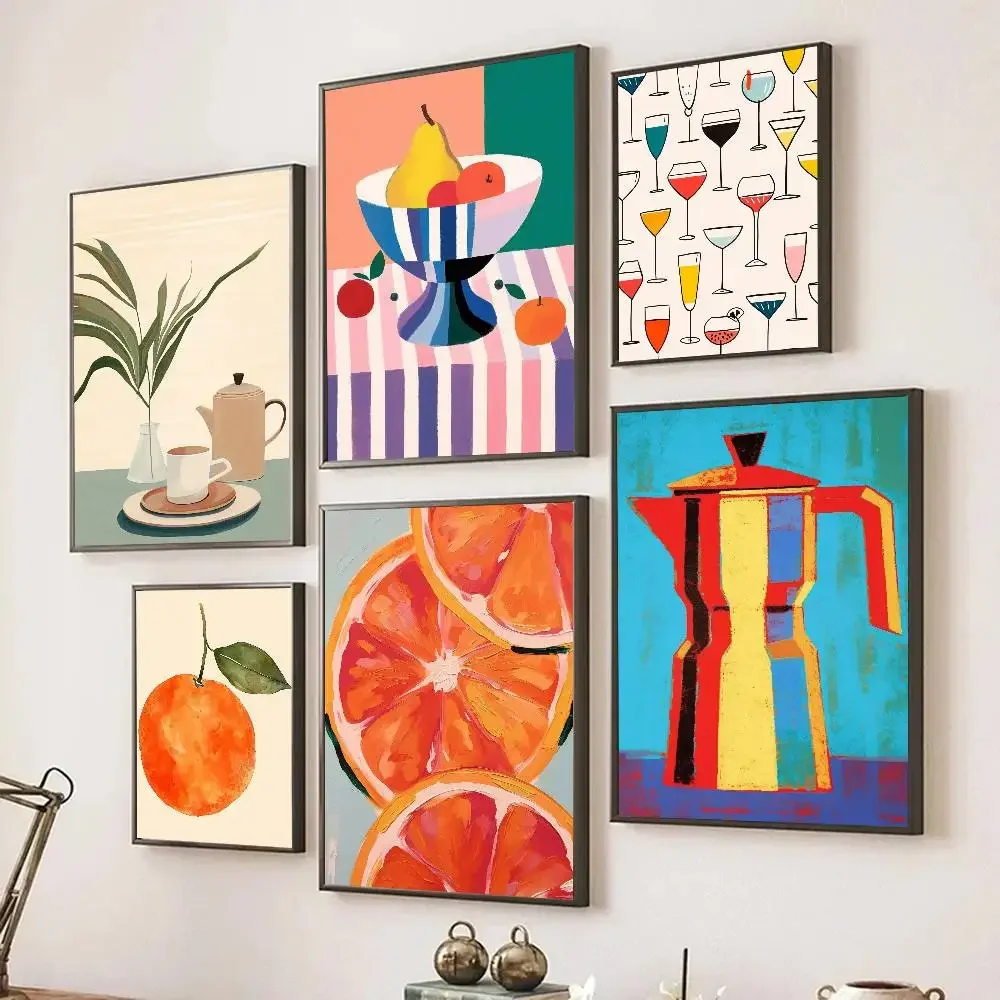 Retro Food Drink Fruit Orange Citrus Espresso Poster Self-adhesive Art Room Entrance Restaurant Wall Decor Art Painting