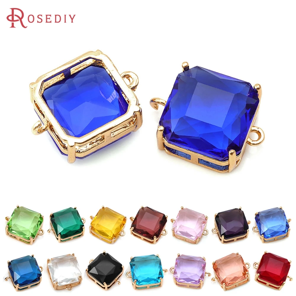 6PCS 18K Gold Color Brass Glass 2 Holes Square Connect Charms Pendants High Quality Necklace Earrings Charms Jewelry Making