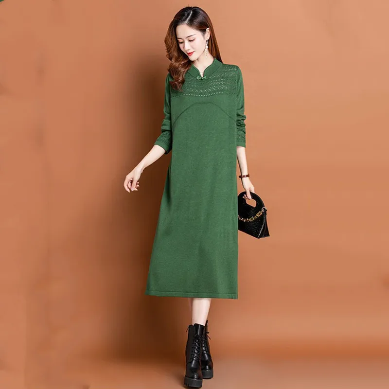 Robe Cheongsam à col montant pour femmes, robes pull longues, motif imprimé, mince, surdimensionné, femme, nouvelle mode, automne, hiver, 107, 2023
