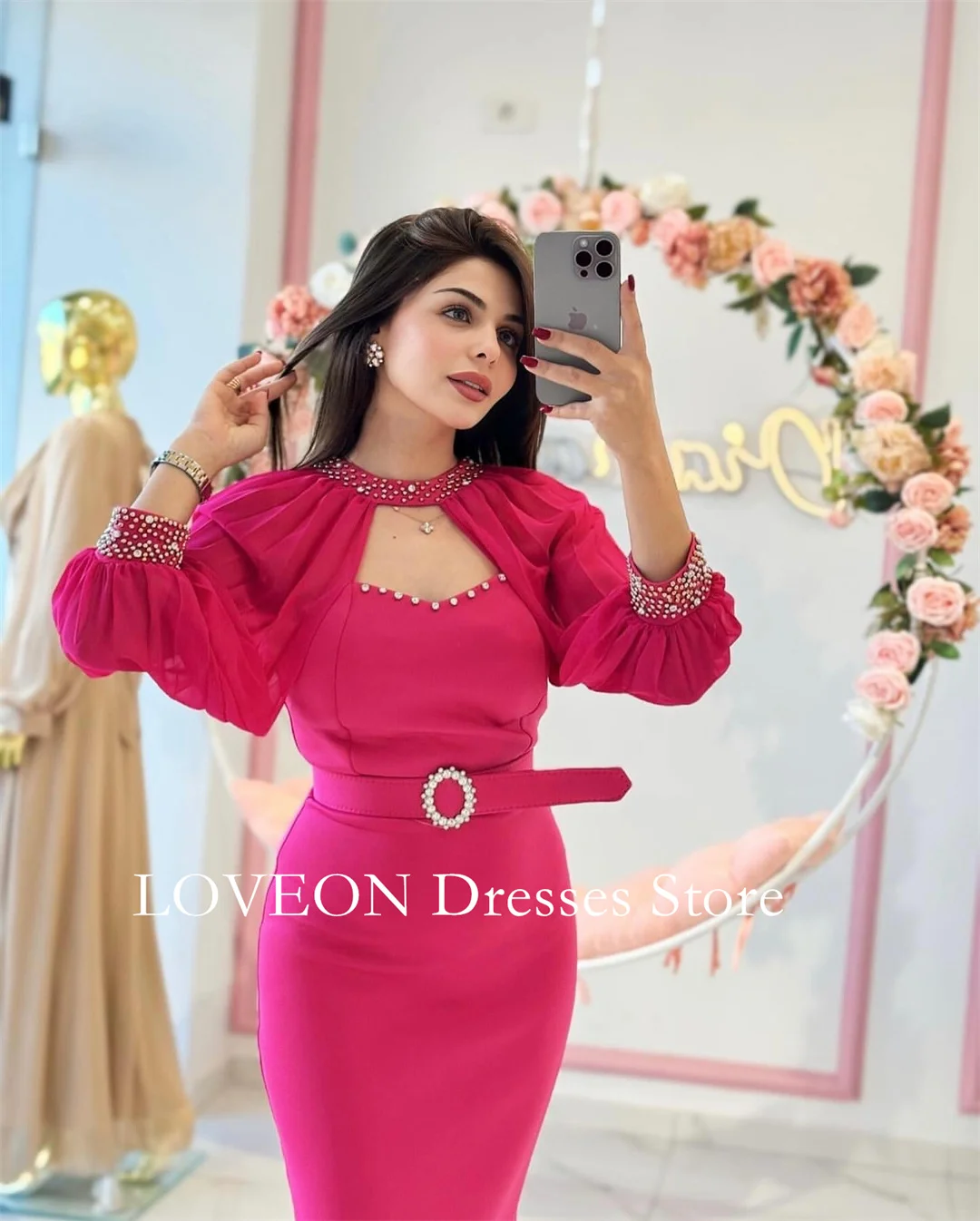 O-Neck Hot Pink Crystals Formal Evening Dresses Pleat Puff Sleeves  فساتين سهرة  Customized Elegant Prom Growns Party Women