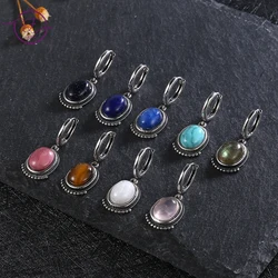 New Vintage Natural Labradorite Earrings for Women Elegant Retro Moonstone Hoop Drop Earring Fine Jewelry with Turquoise Kyanite