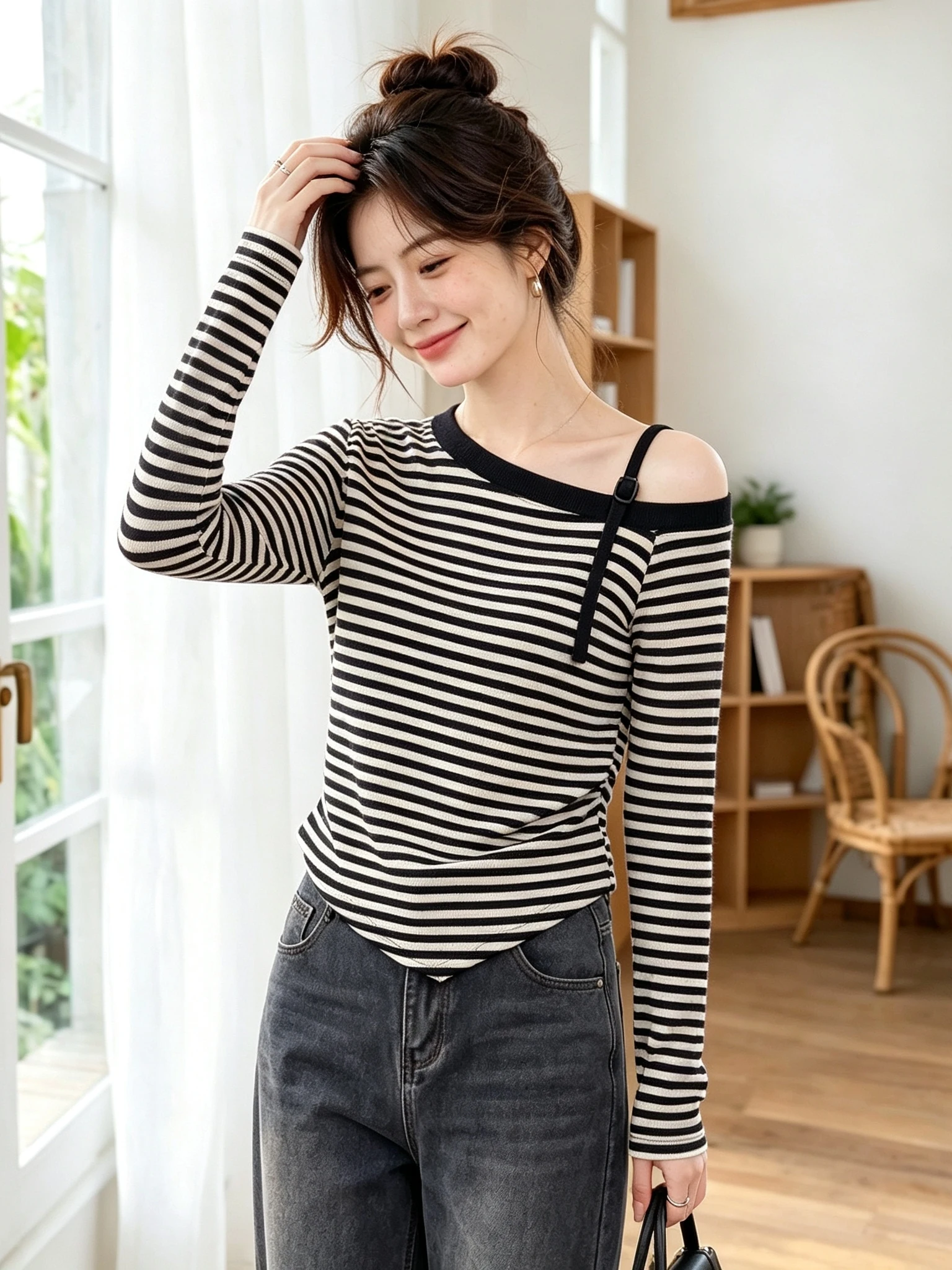 American Style Hot Girl Striped Shoulder Bared Long Sleeve T Shirt Women's Slimming Unique Small Top for Commuting Autumn 2026