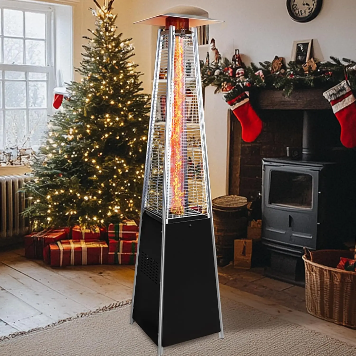 Propane Patio Heater Tower with Cover, 48,000 BTU Outdoor Heaters, Stand Up Gas Porch Heater for Outdoor Space, Deck Areas, or O