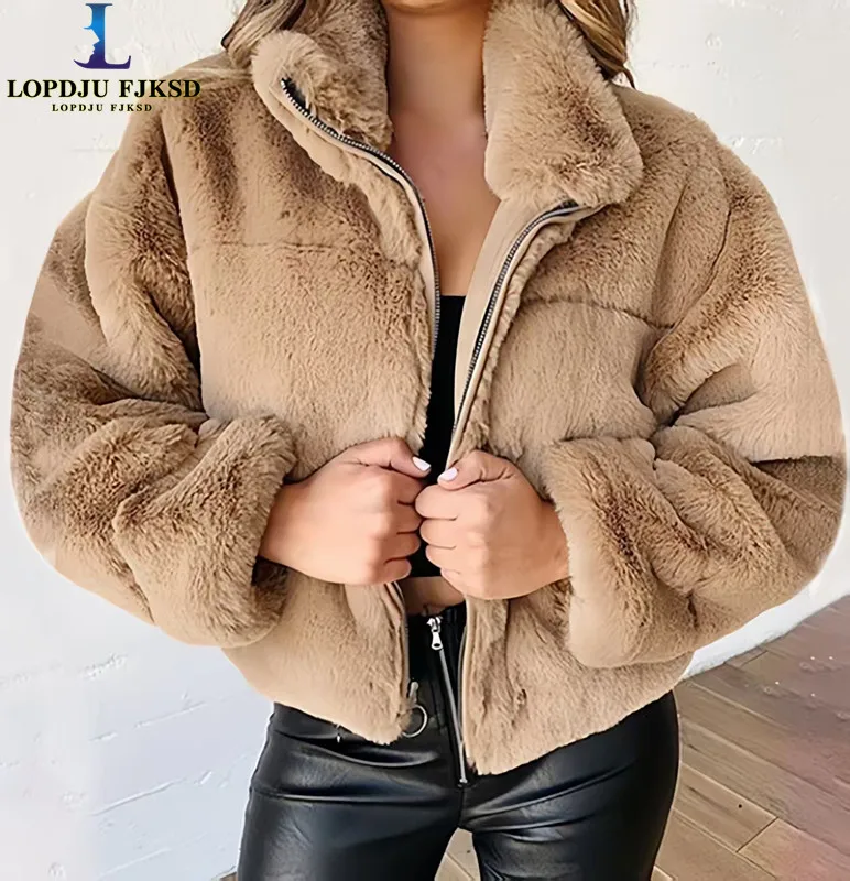 New Faux Rabbit Fur Coat for Women,Zipper Jacket,Turn-down Collar Outwear,Thick,Autumn and Winter,2026