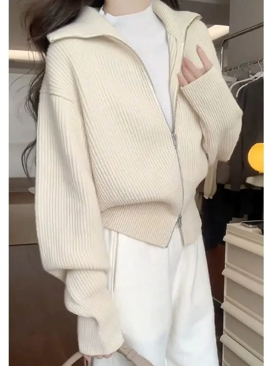 여성용 이중 지퍼 니트 오픈 가디건 부드럽고 편안한 스웨터 자켓 가을 겨울 패션 캐주얼웨어